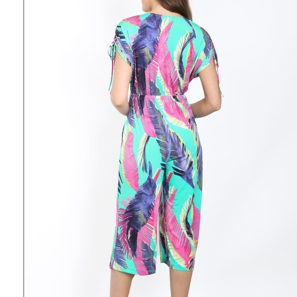 Aqua GREEN W/LEAVES PRINT wrap FRONT W/ DRAWSTRING SHOULDER tie JUMPSUIT, NEW! - Picture 3 of 10